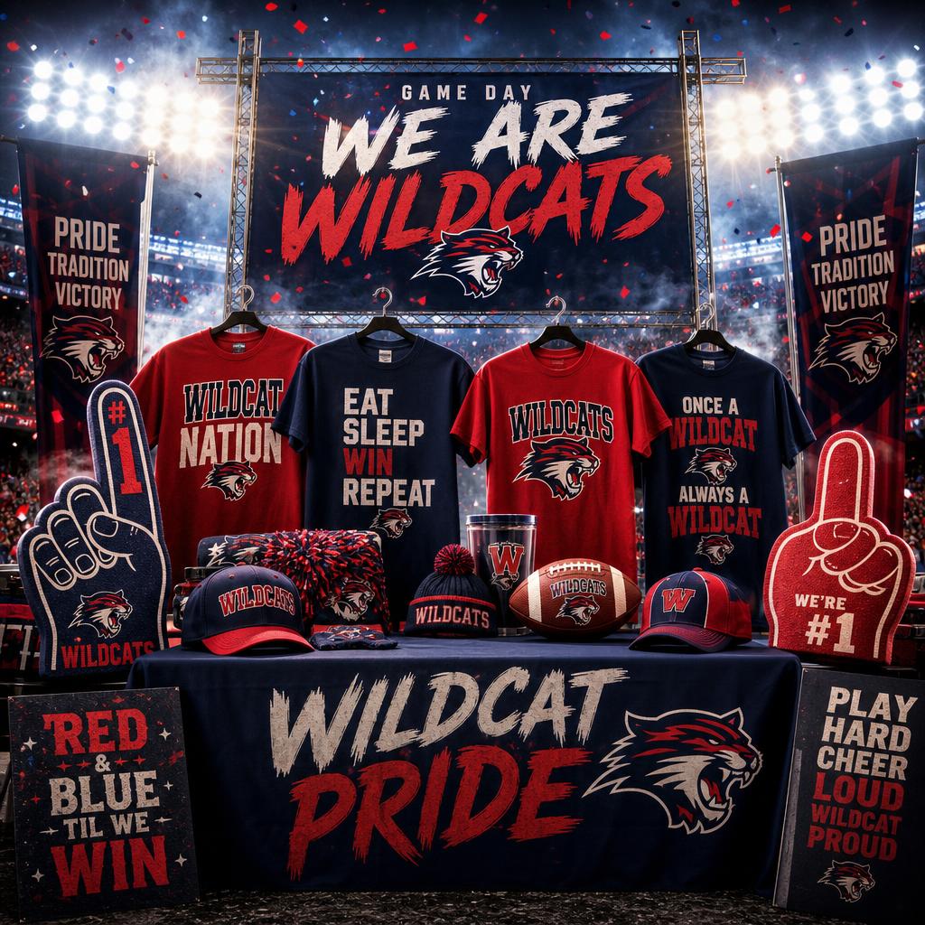 Students in school spirit gear at games — cheering in the stands, holding sponsor-branded gear